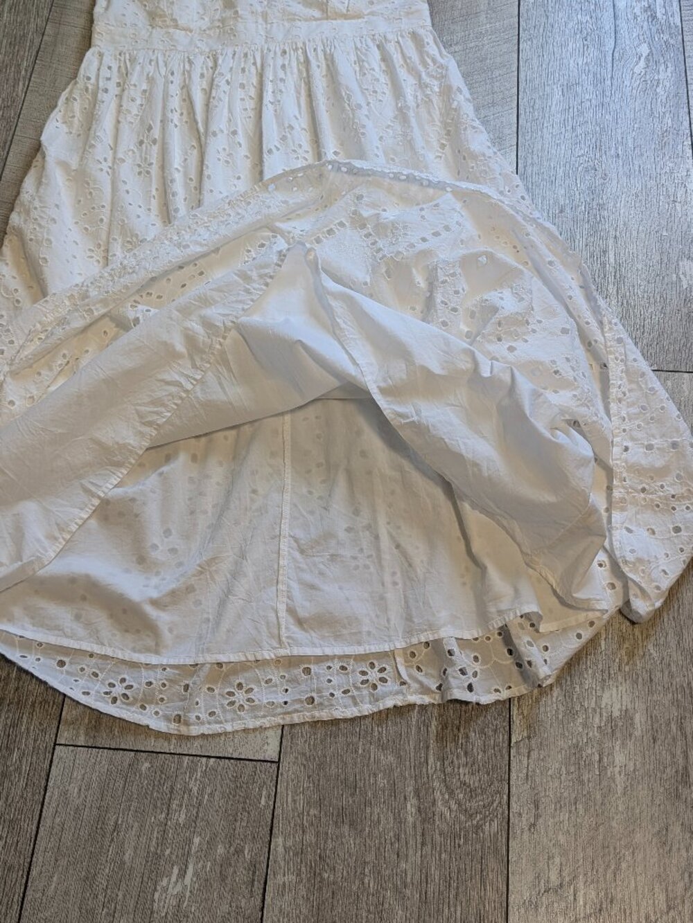 White Eyelet Cotton Maxi Dress Fit Flare Open Back Bow L Summer Boho Beach NWT - Picture 9 of 16